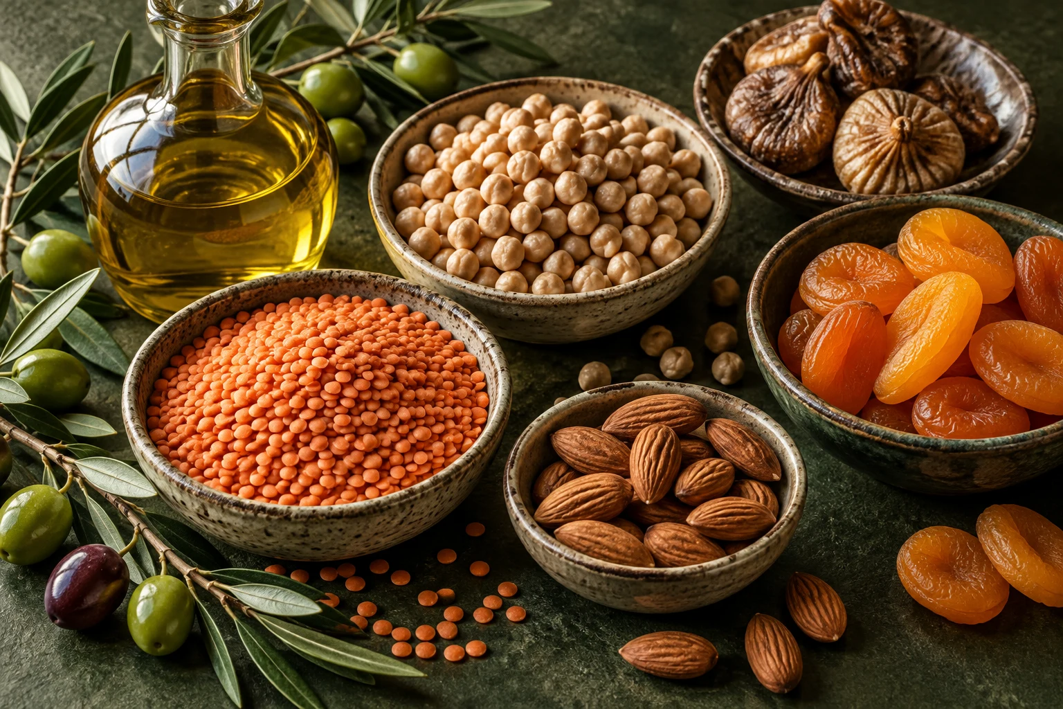 Bowls of lentils, chickpeas, dried fruit and almonds with an unlabeled olive oil bottle.