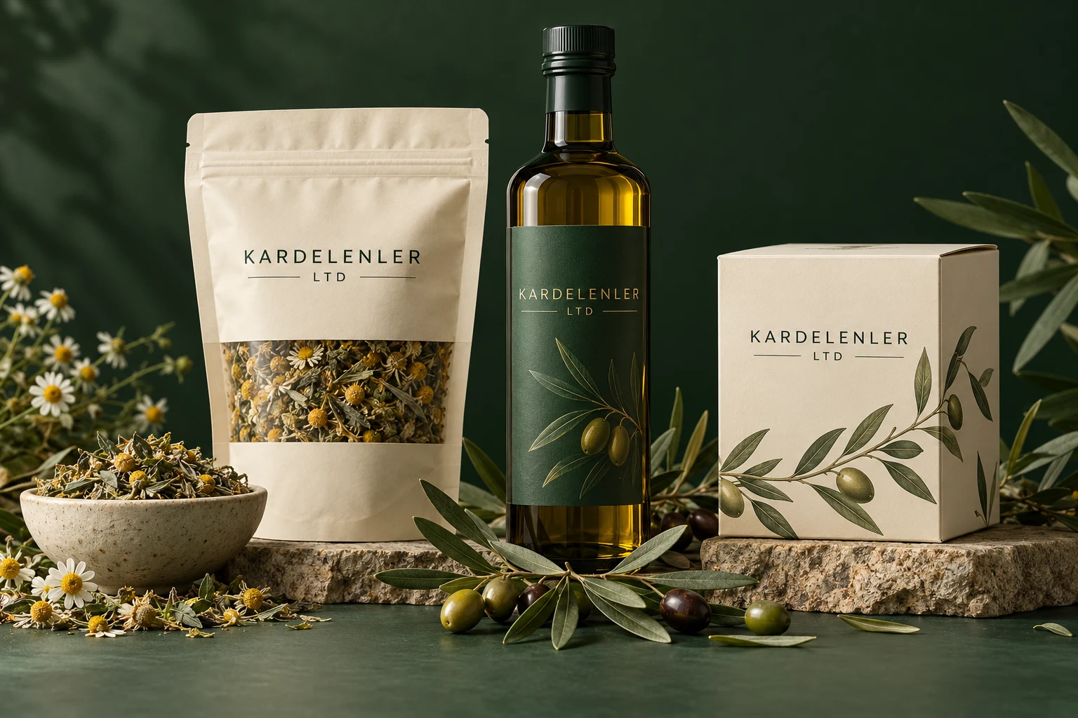 KARDELENLER packaging concepts with olive sprigs and dried botanicals.