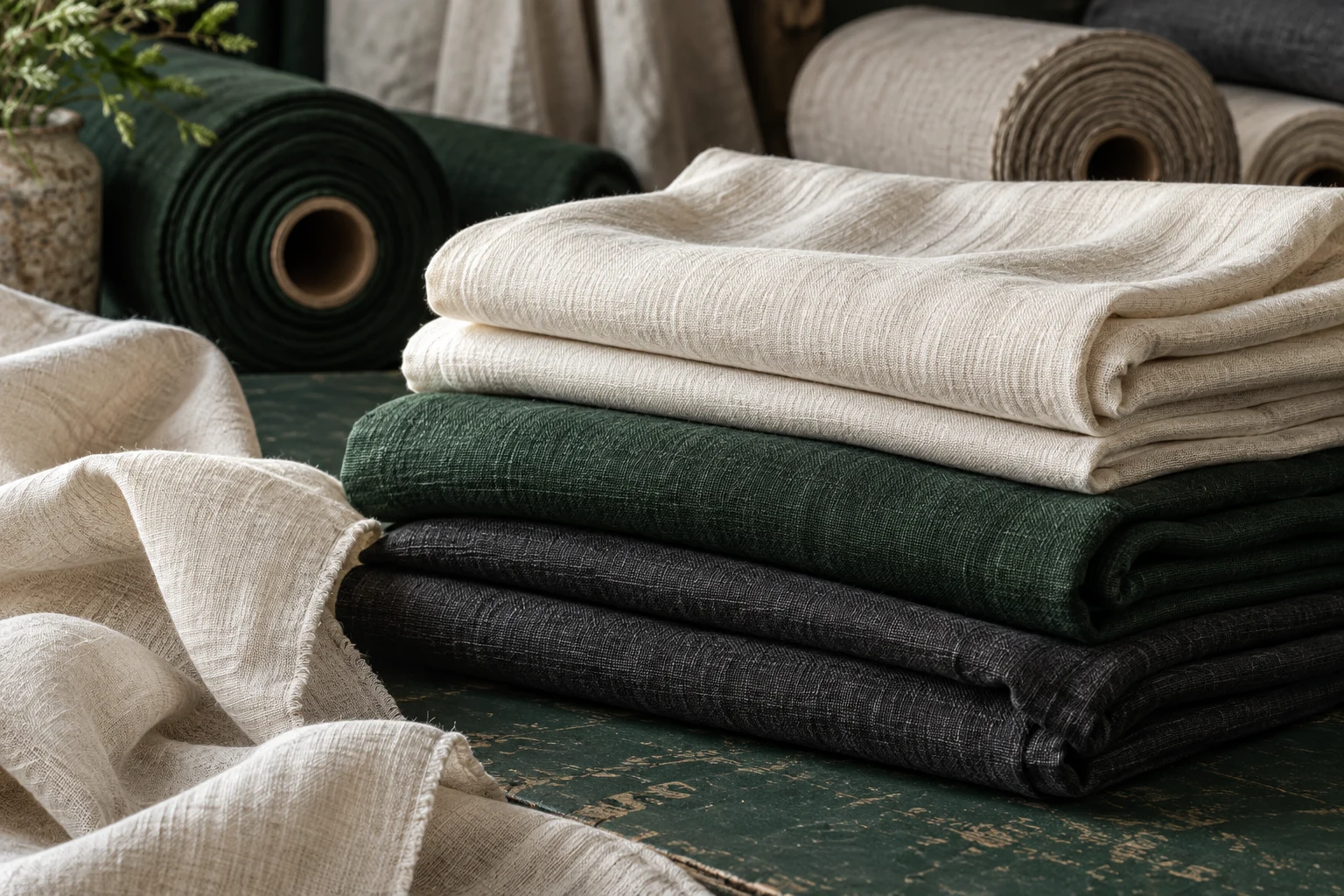 Folded ivory, charcoal and forest green cotton and linen fabrics.